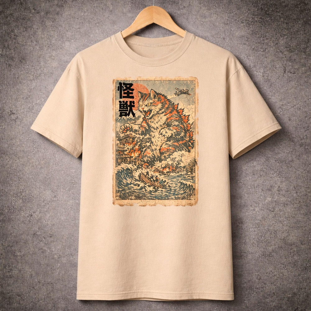 Retro Catzilla T Shirt, Japanese Wave Art Sand